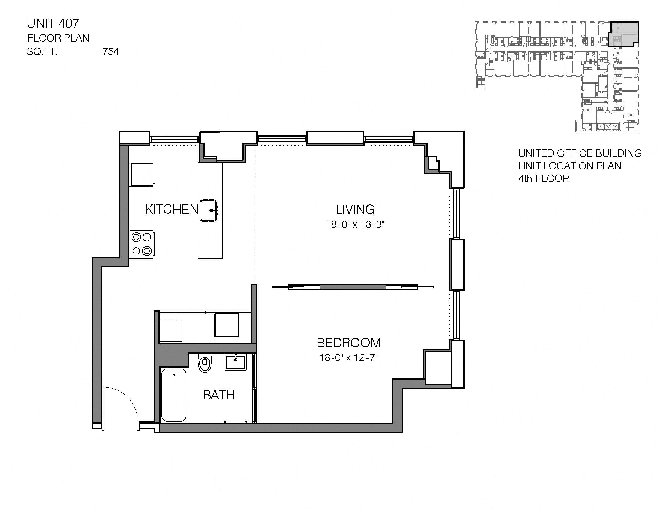 Floor plan for 1 bed, 1 bath, 754 sqft